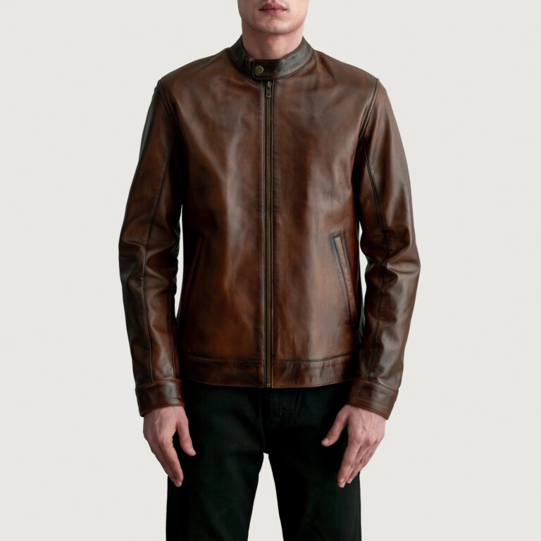 Mens Zen Distressed Brown Leather Biker Jacket Close Front-5-1724073228630